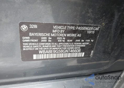 2016 BMW 328I from USA, damaged, VIN WBA8E9G58GNT46608